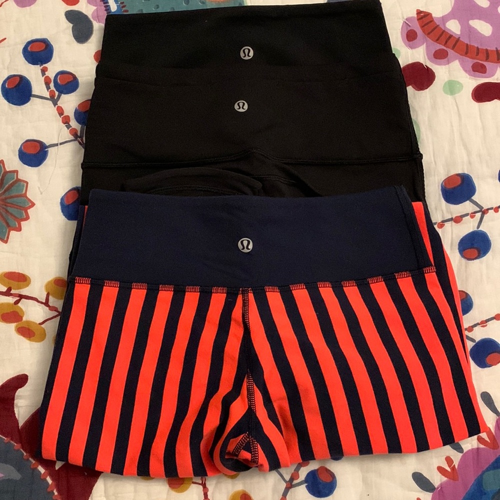 3 pairs Lululemon leggings sz 4. Misc styles in good condition.2 black, 1 stripe